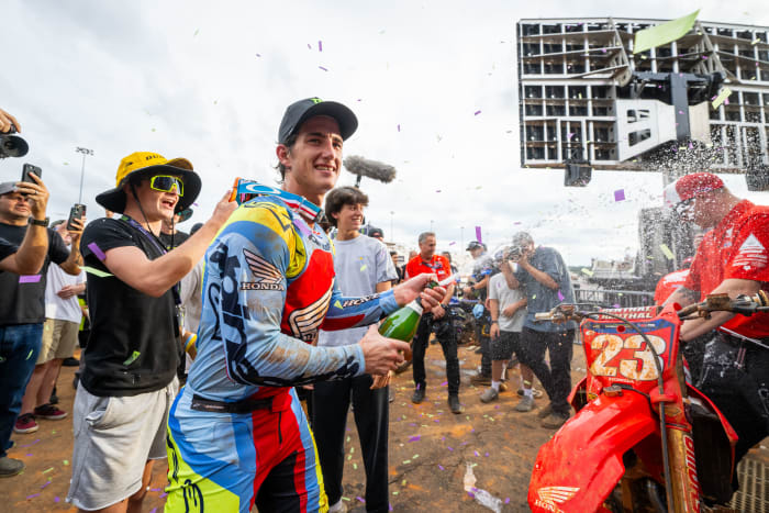 Chase Sexton celebrates his win Saturday at zMAX Dragway. Photo provided by Dan Beaver.